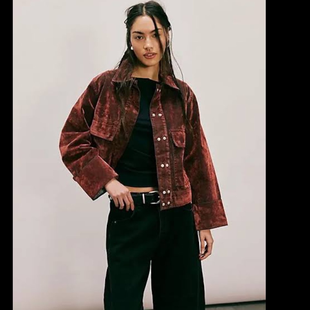 NWOT Free People We The Free Suzy Flocked Denim Jacket Purple XS Boxy Oversized